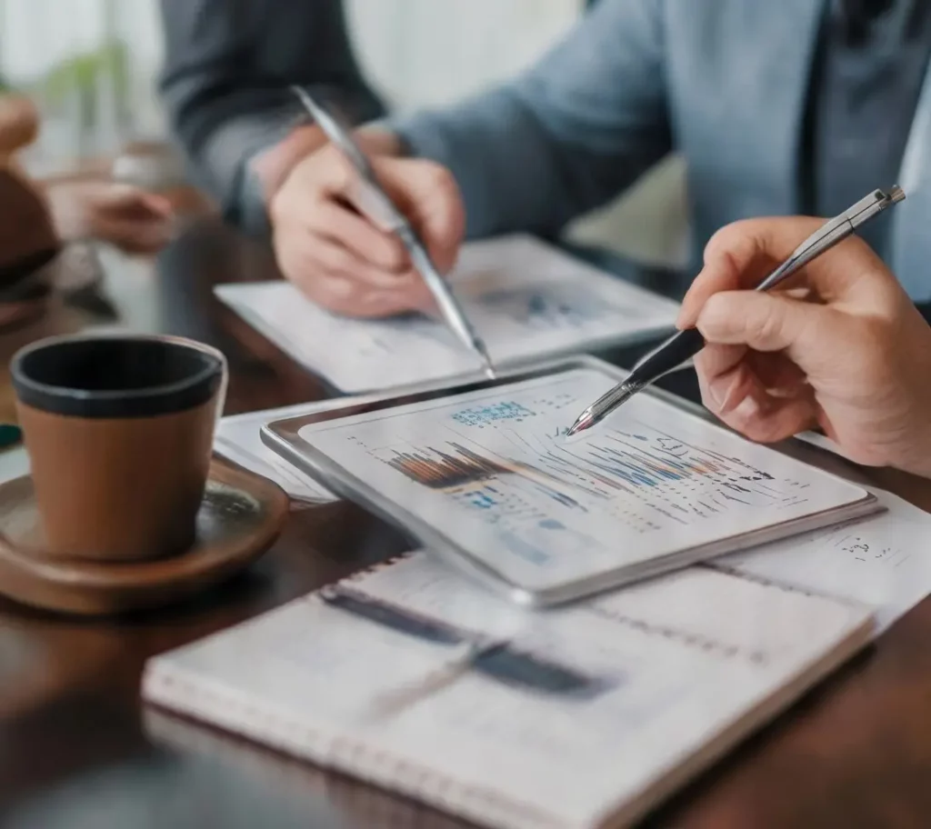 Pessoas analisando dados e estratégias de gestão em uma reunião