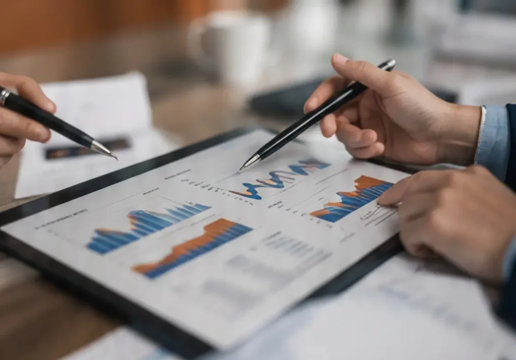 Estratégia empresarial com análise de gráficos e dados
